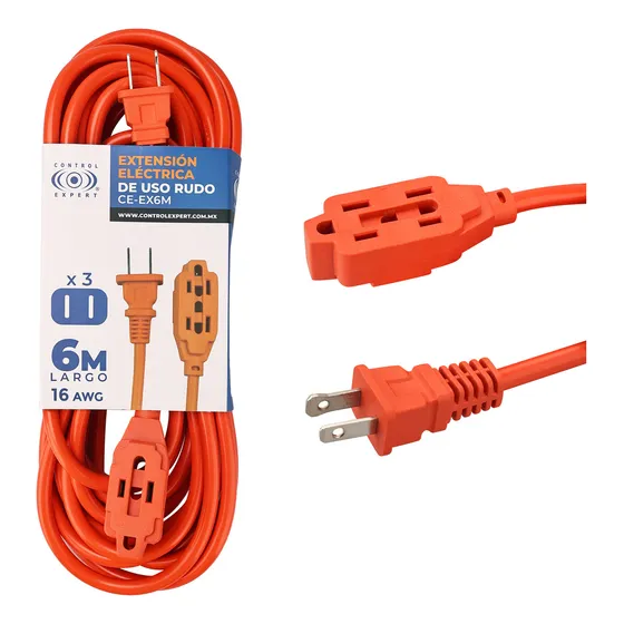 Extensión Eléctrica Uso Rudo 6 Metros Reforzada Color Naranja
