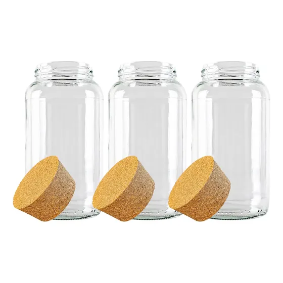 Kit 3 Potes De Vidro 830ml Com Tampa Rolha | Armazenamento Cor Transparente