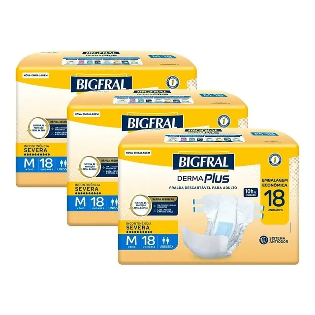 Fralda Geriátrica Bigfral Dermaplus M Kit 3 Pacotes  18 Un