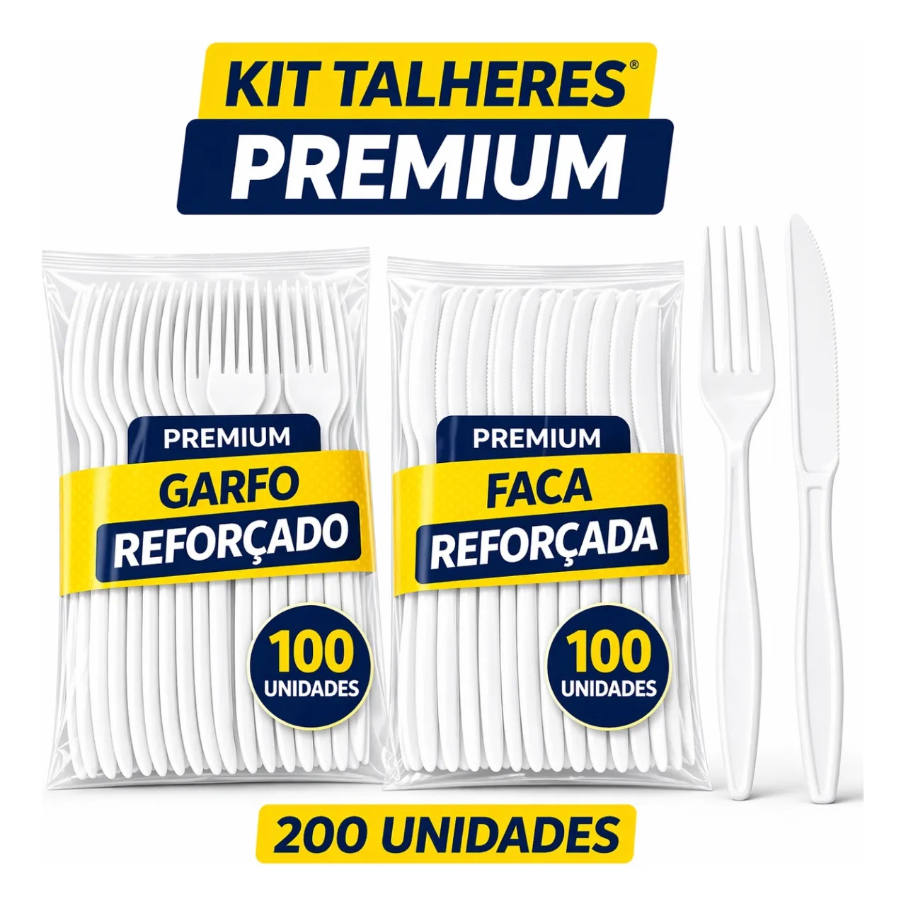Kit 100 Facas E 100 Garfos Descartáveis Reforçados Branco
