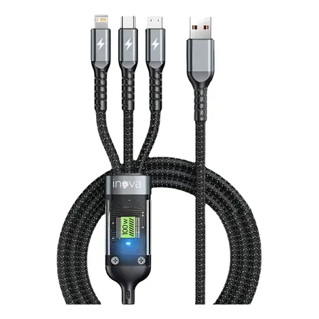 Cabo Carregador 3 Em 1 Turbo 100w Tipo C, V8, Para iPhone Cor Cinza