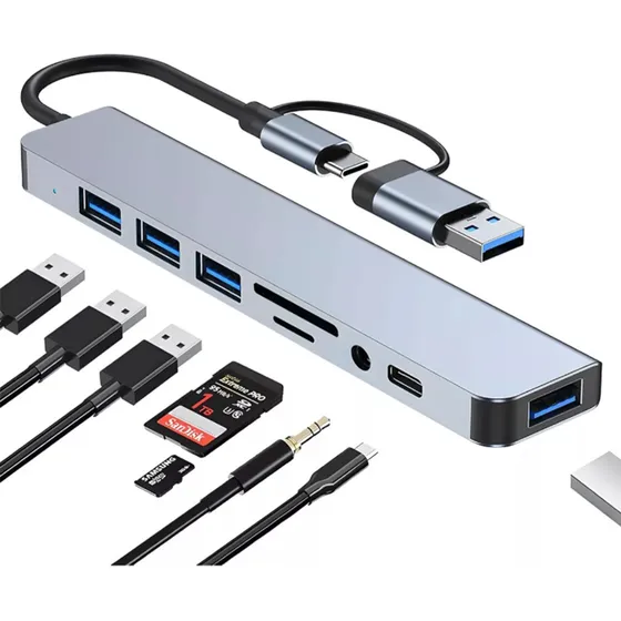 Hub Multipuerto 8 Puerto Usb 3.0-2.0 + Adaptador Usb Tipo C
