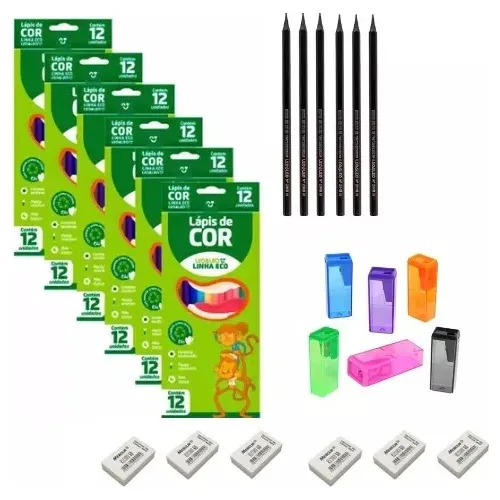 Kit Material Escolar Atacado Lapis De Cor Borracha Apontador