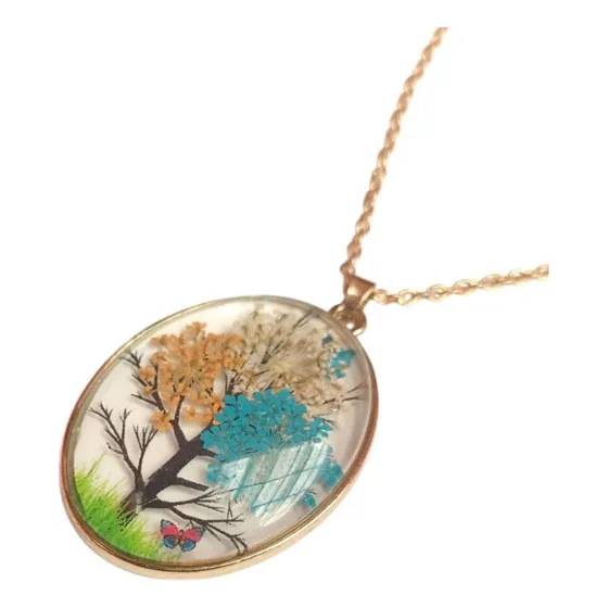 Collar Árbol Flores Encapsuladas Resina Mariposa Moda