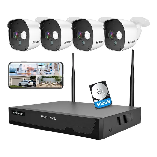 Srihome Kit de Sistema de Cámara de Seguridad, 8CH 2MP WiFi Cctv NVR + 4 Cámaras de Vigilancia, Sistemas de Seguridad Inalambrico, Visión Nocturna, Detección Movimiento, IP66 Impermeable Con Hdd 500g