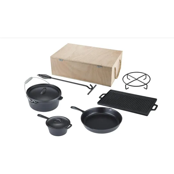Set Bateria Hierro Fundido Olla A Fuego 7 Pcs + Guantes
