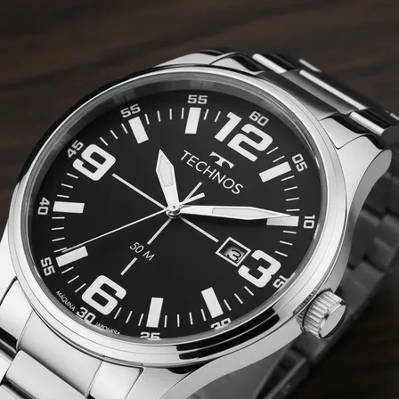 Relógio Technos Militar Masculino Prata Fundo Preto Quartzo Aço Inoxidável Prateado