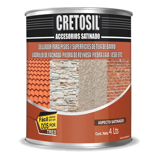 Cretosil Accesorios Sellador / Barniz Apariencia Mojado  Wet-look  Aspecto Satinado. Para Concreto, Cantera, Barro, Ladrillo, Piedras, Yeso, Adoquin, Terracota Y Más. 100% Acrílico. 4 Lts Transparente