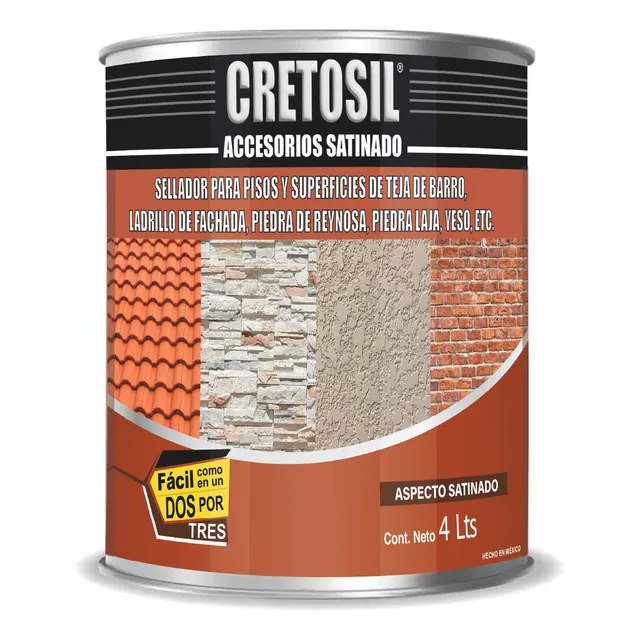Cretosil Accesorios Sellador / Barniz Apariencia Mojado "Wet-Look" Aspecto Satinado. Para Concreto, Cantera, Barro, Ladrillo, Piedras, Yeso, Adoquin, Terracota y más. 100% Acrílico. 4 Lts Transparente