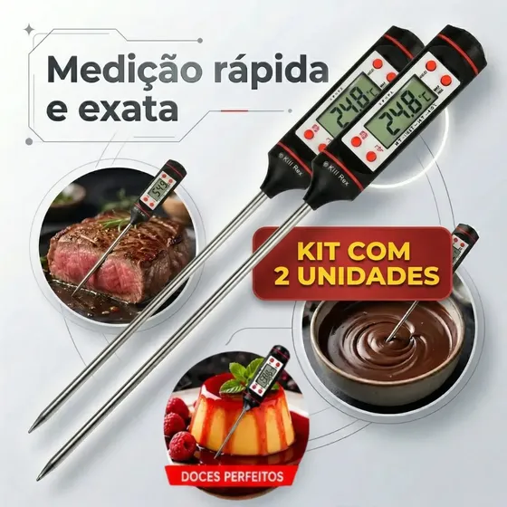 Kit 2 Termômetro Culinário Digital Espeto Cozinha Temperatura Alimentos Bebidas Líquidos Carne Churrasco Chocolate Leite Doces Profissional Medidor Precisão Rápida Sensor Inox - Honey Play Box