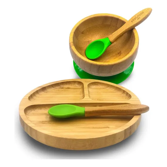 Plato Para Bébé Y Bowl De Bambú Antiderrapante + Cubiertos Color Verde Liso