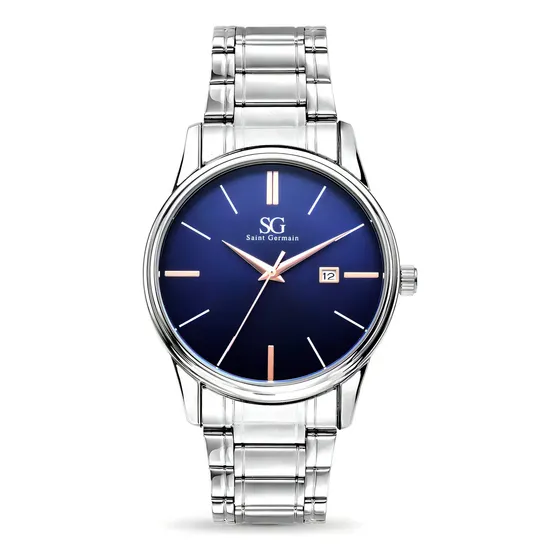 Relógio Masculino Clássico Pulseira Prata Correia Prateada Bisel Prateado Fundo Azul Marinho Saint Germain 42mm Elegante Detalhes Bronze
