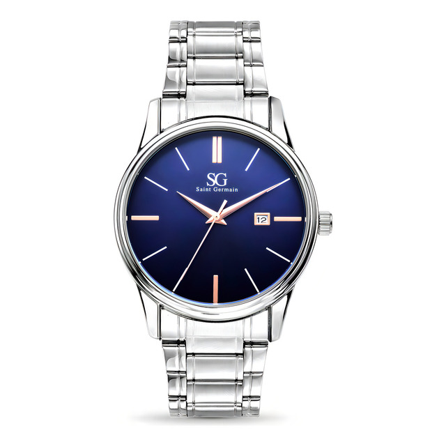 Relógio Masculino Clássico Pulseira Prata Correia Prateada Bisel Prateado Fundo Azul Marin... Relógio Masculino Clássico Pulseira Prata Correia Prateada Bisel Prateado Fundo Azul Marin...