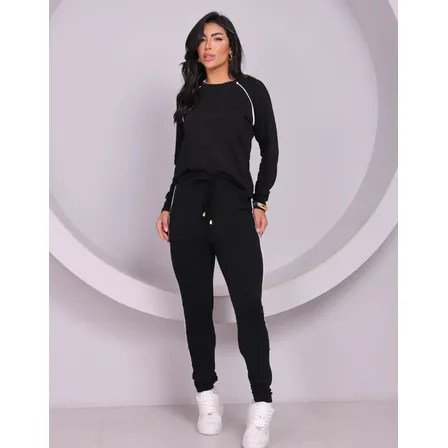 Conjunto Feminino Blusa E Calça Moletinho Inverno Elegante Preto M