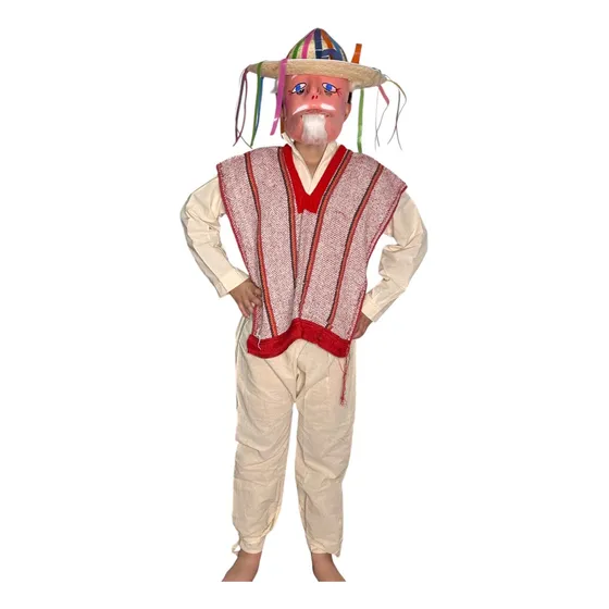 Disfraz Danza De Los Viejitos Vestuario Con Sombrero Chamula De Listones, Mascara, Jorongo, Traje De Manta