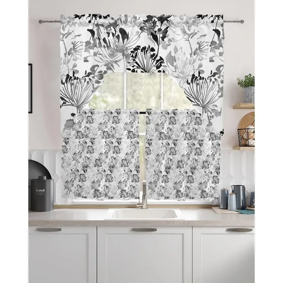 3 Cortina Cocina Feston Flor Grise Negra Pieza Para 56