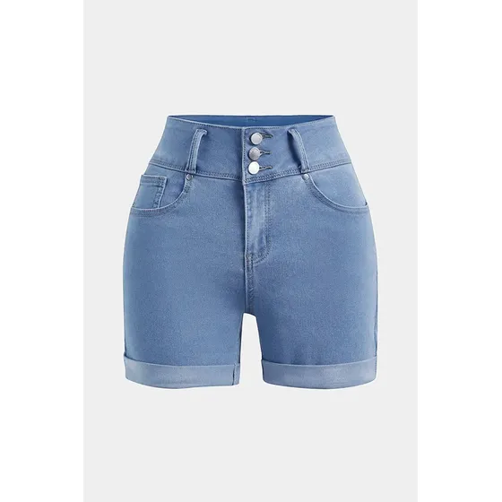 Shorts Jeans De Cintura Alta Com Botão De Flexão, Bainha Com