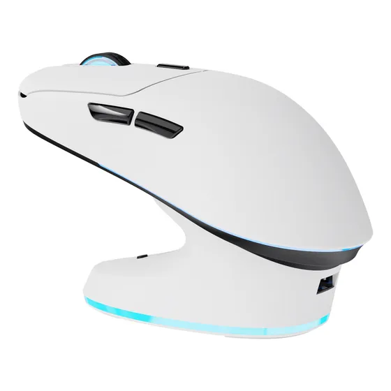 Mouse Gamer Inalambrico Thunderobot Ml7 Blanco Paw3311 Recargable 1000hz 12000dpi Rgb Con Soporte De Carga Sistema De Prepresión De Teclas Independientes Con cable + USB 2.4Ghz Receptor + Bluetooth