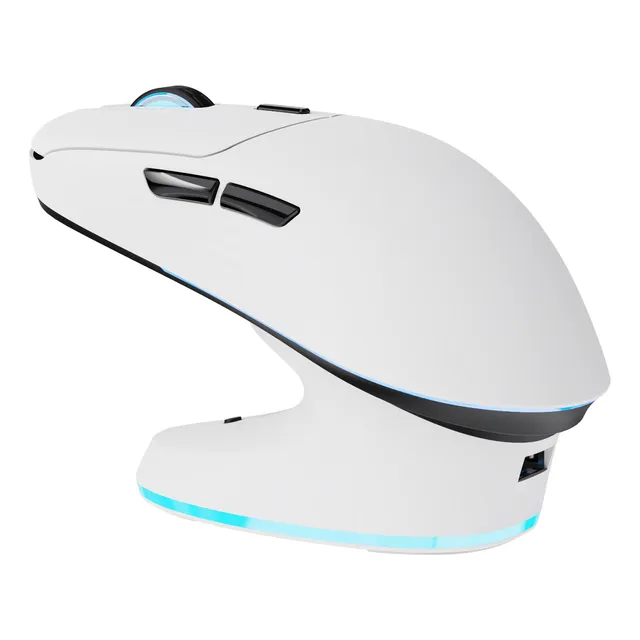 Mouse Gamer Inalambrico Thunderobot Ml7 Blanco Paw3311 Recargable 1000hz 12000dpi Rgb Con Soporte De Carga Sistema De Prepresión De Teclas Independientes Con cable + USB 2.4Ghz Receptor + Bluetooth