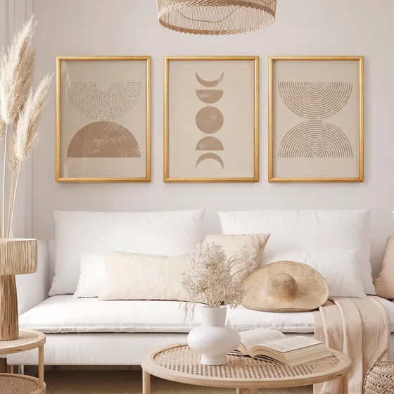 Set 3 Cuadros Abstracto Boho Neutral Modernos Marcos Madera