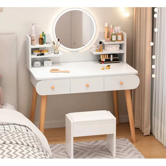 Tocador Madera 100*40*120cm Con Espejo Led Y 4 Cajones RK100CK Color Blanco