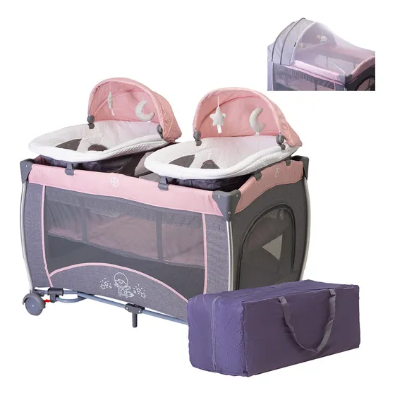 Aeiou Cuna Corral Para Bebé Gemelar P1002 Bambineto Portátil Color Rosa Diseño De La Tela Liso