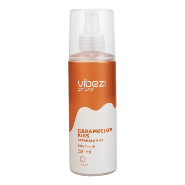 Frasco de Body Splash Caramello Kiss da linha Vibez Da Vez! da Hinode com 200ml, exibindo rótulo laranja e branco e tampa transparente