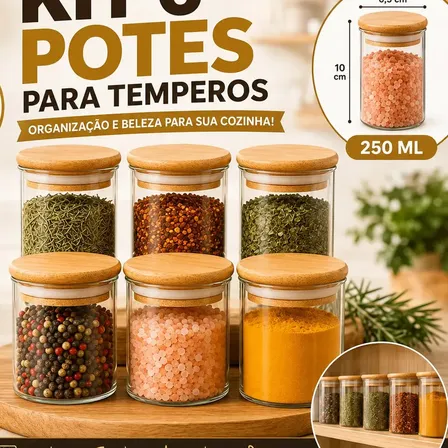 Kit 6 Potes de Vidro Hermético 250ml Tampa Bambu Porta Mantimentos Organizador Cozinha Vedação Silicone temperos