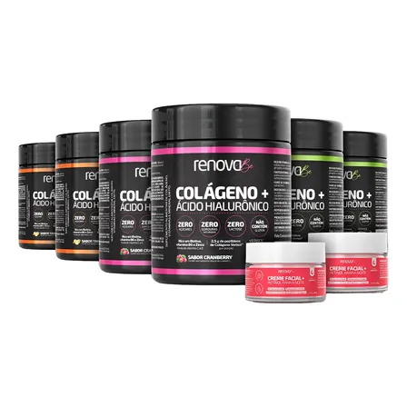 Kit 6x Colágeno + Ácido Hialurônico Renova Be Colágeno Hidrolisado Zero Lactose Vitaminas E, C, B6 Biotina Zinco 2 Tangerina, 2 Limão, 2 Cranberry