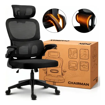 Cadeira De Escritório Chairman Ergonômica Com Suporte Lombar E Apoio Cabeça Encosto Reclinável Ajustável Estofado Mesh Nienz Preto