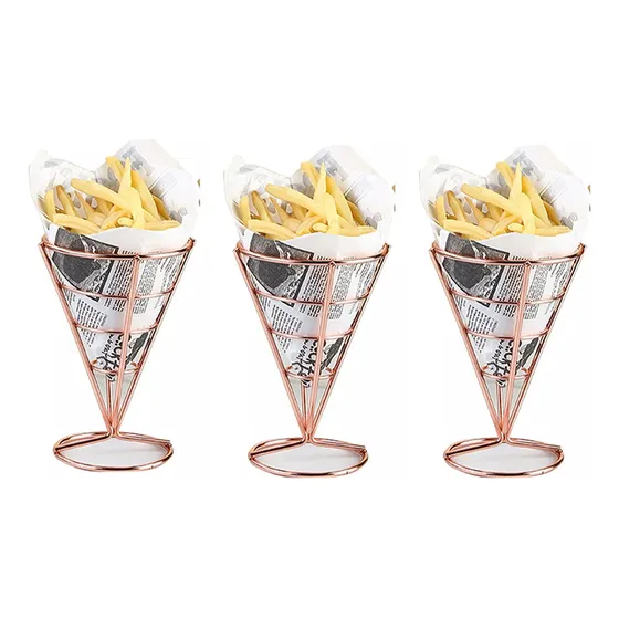 3× Cono Soporte Papas Fritas Y Botana Acero Inoxidable