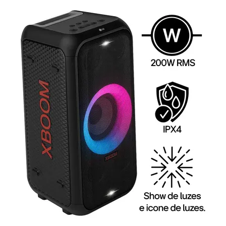 Caixa de som Bluetooth LG XBOOM 200W RMS, 12 horas de bateria, IPX4, Iluminação de Festa e Visor de Pixel LED - XL5T