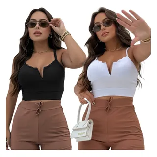 Kit 2 Cropped Feminino Alcinha Decote V Alça Fina Elegante Kit 2 Cropped Feminino Alcinha Decote V Alça Fina Elegante