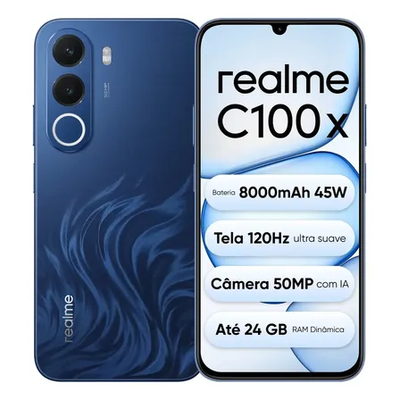 Celular Smartphone Realme C100x 256gb 4gb Ram (+8gb ram Virtual Boost), Bateria Titan 8000mah 45w, Tela Ultra Suave 120hz, Campeão em Fluidez, Câmera 50 Mp, IP64,NEXT AI, Azul