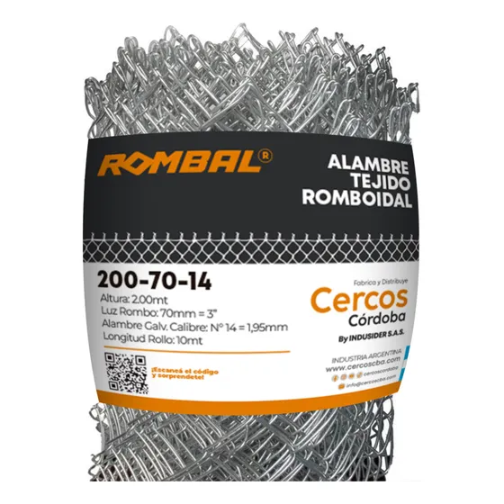 Tejido Romboidal 2,00 Mts - Rombo 3'' (70mm) - Calibre 14 X 10 Mts