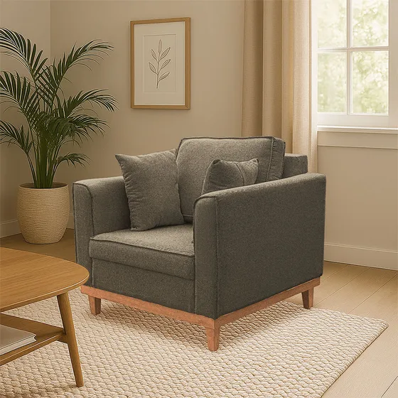 Poltrona Base Madeira Linho Moderno Minimalista Confortável