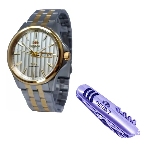 Kit Relógio + Canivete - Masc Automático Fundo Prata Misto