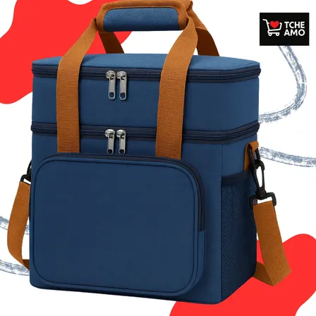 Bolsa Térmica Marmita Tche Amo 13.5 L Alça Transversal Ajustável Removível 2 Compartimentos Organiza Conserva Seus Alimentos Quente ou Frio Cor Azul