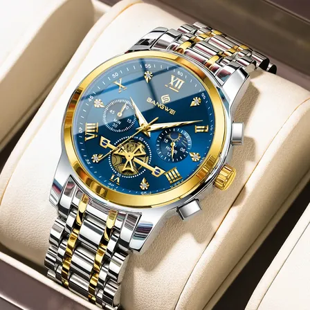Relógio Masculino De Pulso Resistente À Água Aço Inoxidável Dourado Prateado Azul