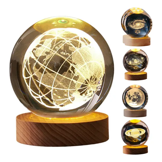 Luminária De Mesa Bola De Cristal 3d Base Madeira Decorativa