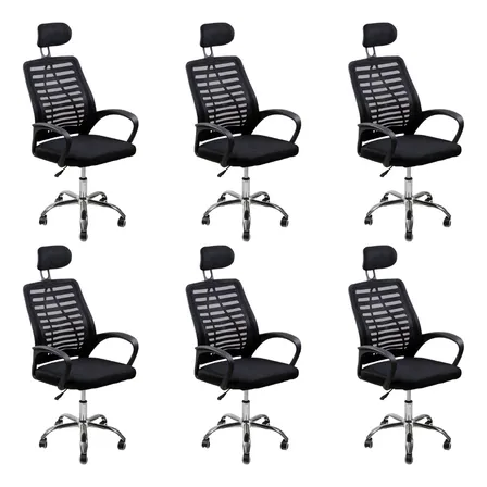 Kit 6 Cadeiras Escritório Diretor Tela Mesh Preto Com Rodízios E Encosto Couro Sintético