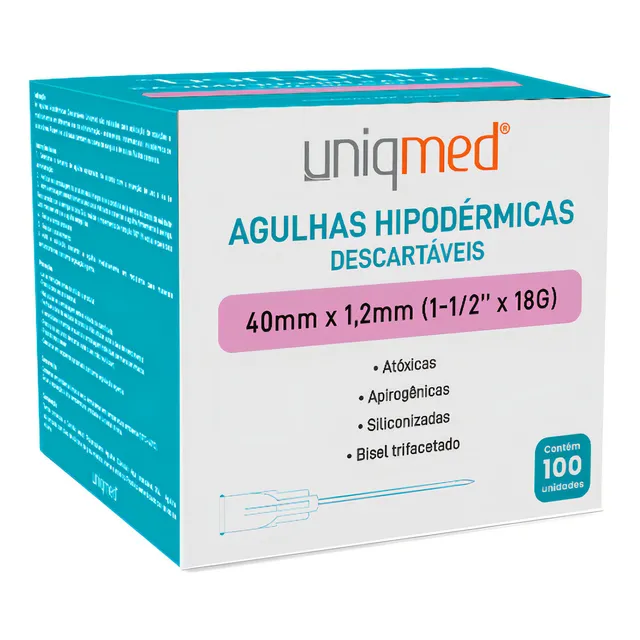 Agulha HiPodérmica 40mmx1,2mm (1-1/2 X18g) Cx C/ 100 Unds Capacidade em volume 18 mL