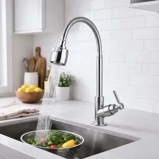 Torneira Gourmet Cozinha Flexível Chuveirinho 2 Jatos Bancada Mesa De Pia Cuba Luxo Grande Cano Metal Inox Base Em Abs... Torneira Cromada Inox Torneira Metal Brilhante