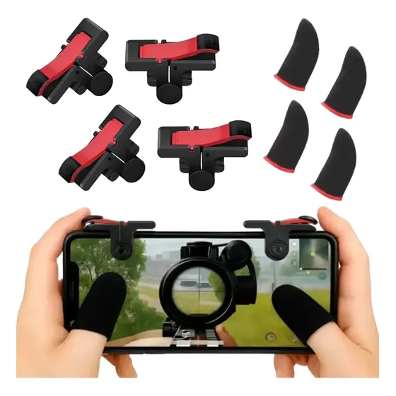 Gatilho Celular Free Fire + Luva Dedo Gamer - Kit C/ 2 Pares