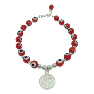 Pulsera Ojo Turco Rojo Con Dije De San Benito Plata 925 Pulsera Ojo Turco Rojo Con Dije De San Benito Plata 925