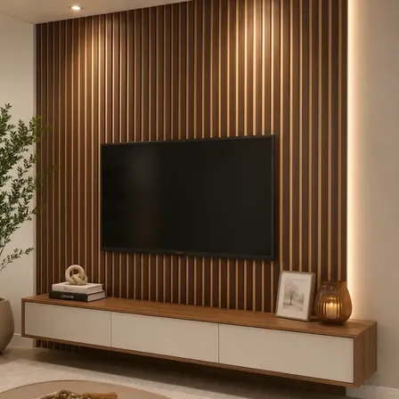 Kit 100 Placas Ripada Autocolante Painel 45x10cm Decorativa Ripado Embuia