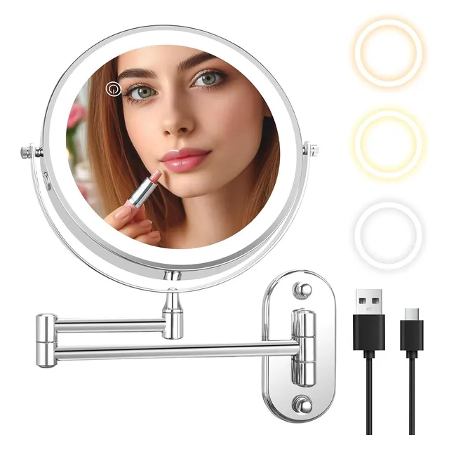 Espejo De Maquillaje De Pared Recargable Con Tricolor Luz10x