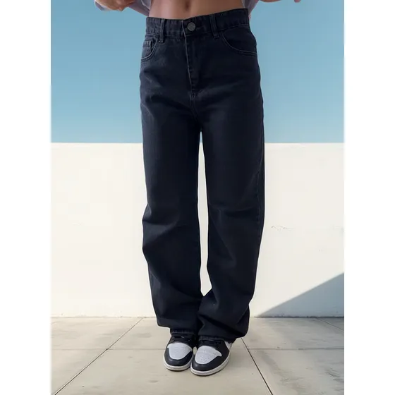 Jeans Mujer Mom Clasico Recto Rigido Negro Gastado T/ Alto