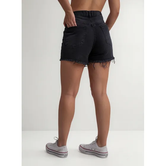 Short Onyx Jeans Rigido Tiro Alto Negro Deflecado Mujer