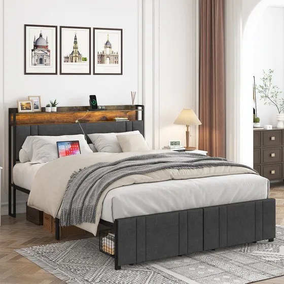 Base de cama matrimonial cabecera cajón luces led puerto usb color gris Fabato